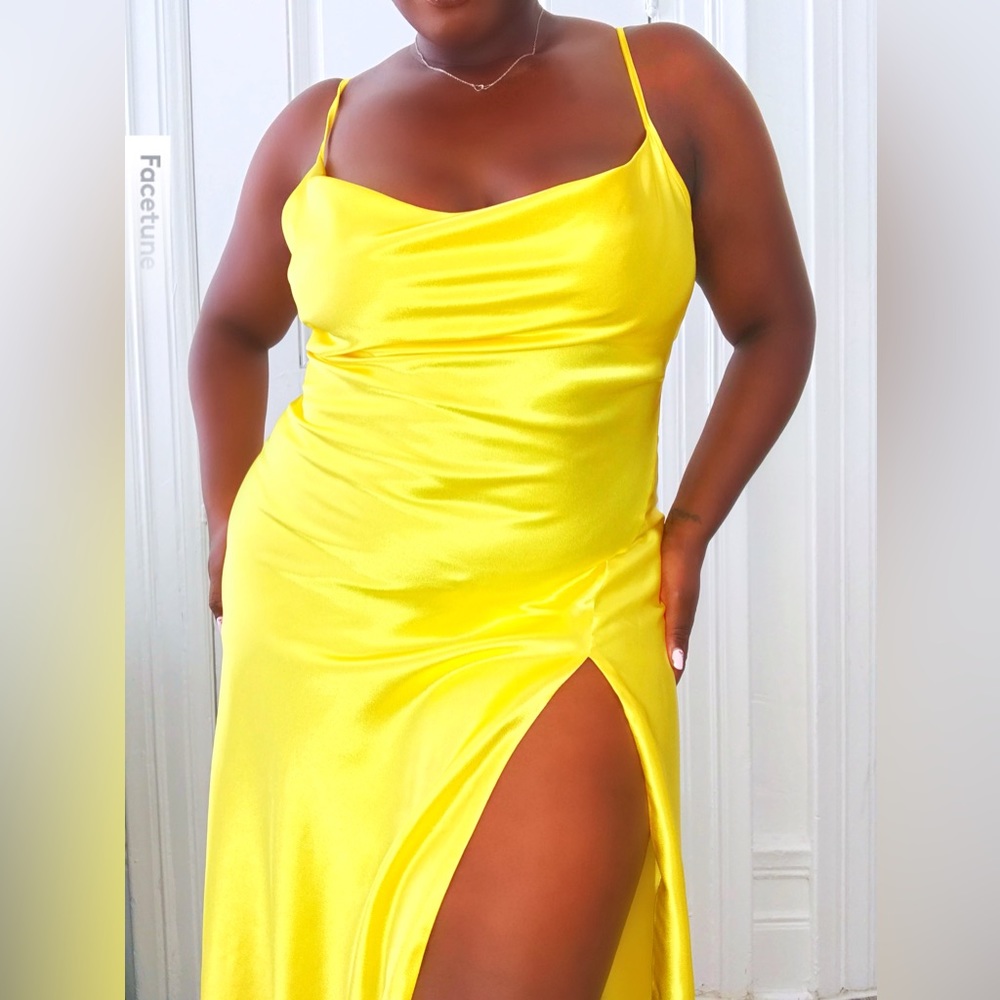 Vivid Yellow Silk Doublelined Evening Backless High Split Dress